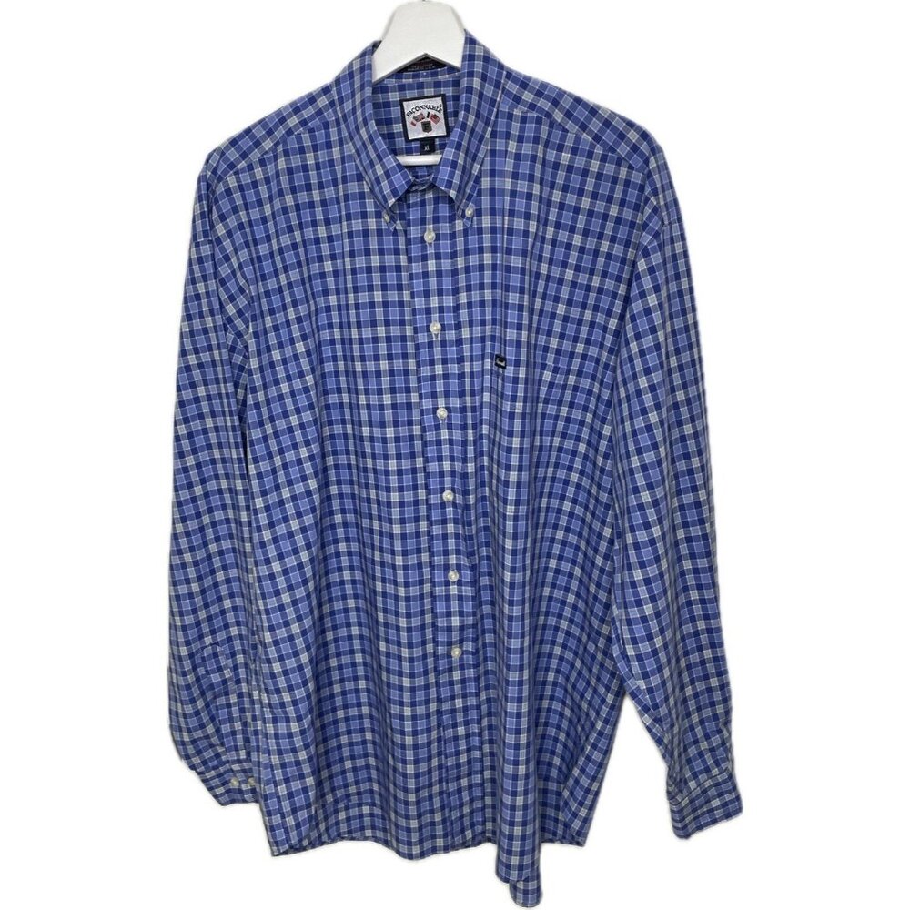 Faconnable Button Down Men's XL Blue Check Classic Casual Business Made In USA